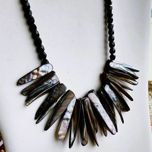 1 of Kind Necklace Alaskan Mussel Shell, Vintage 1950s Black & Multicolor Beads